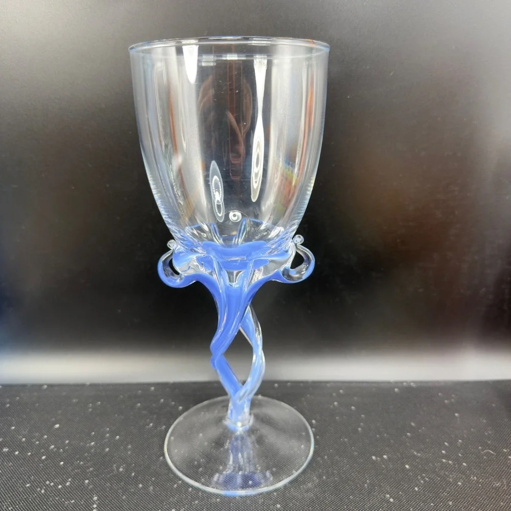 Josefina Krosno Goblet Periwinkle Blue Twisted Stem Scrolled Hand Blown‎ Glass